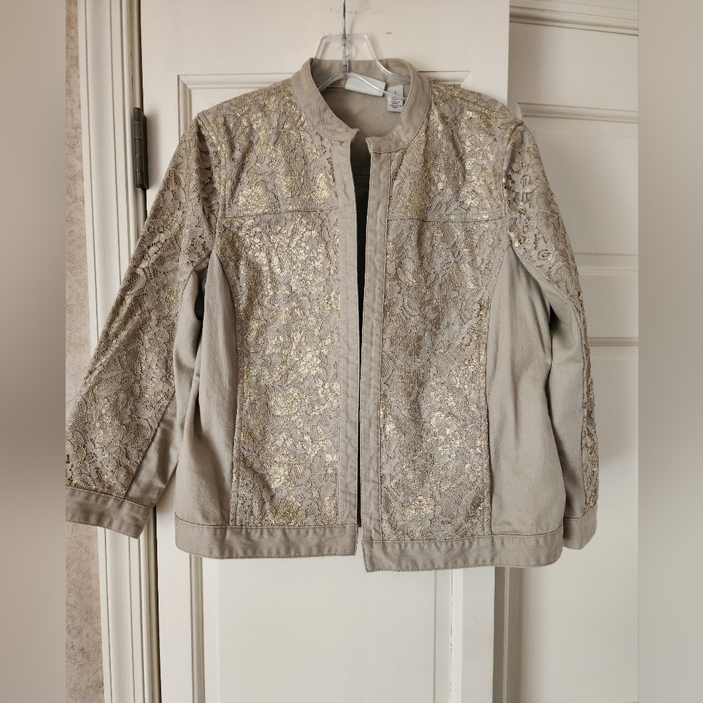 Chico's Platinum Jacket Taupe Gold Stand Collar Lace Overlay Open Front 1 (S/8) - Picture 4 of 10